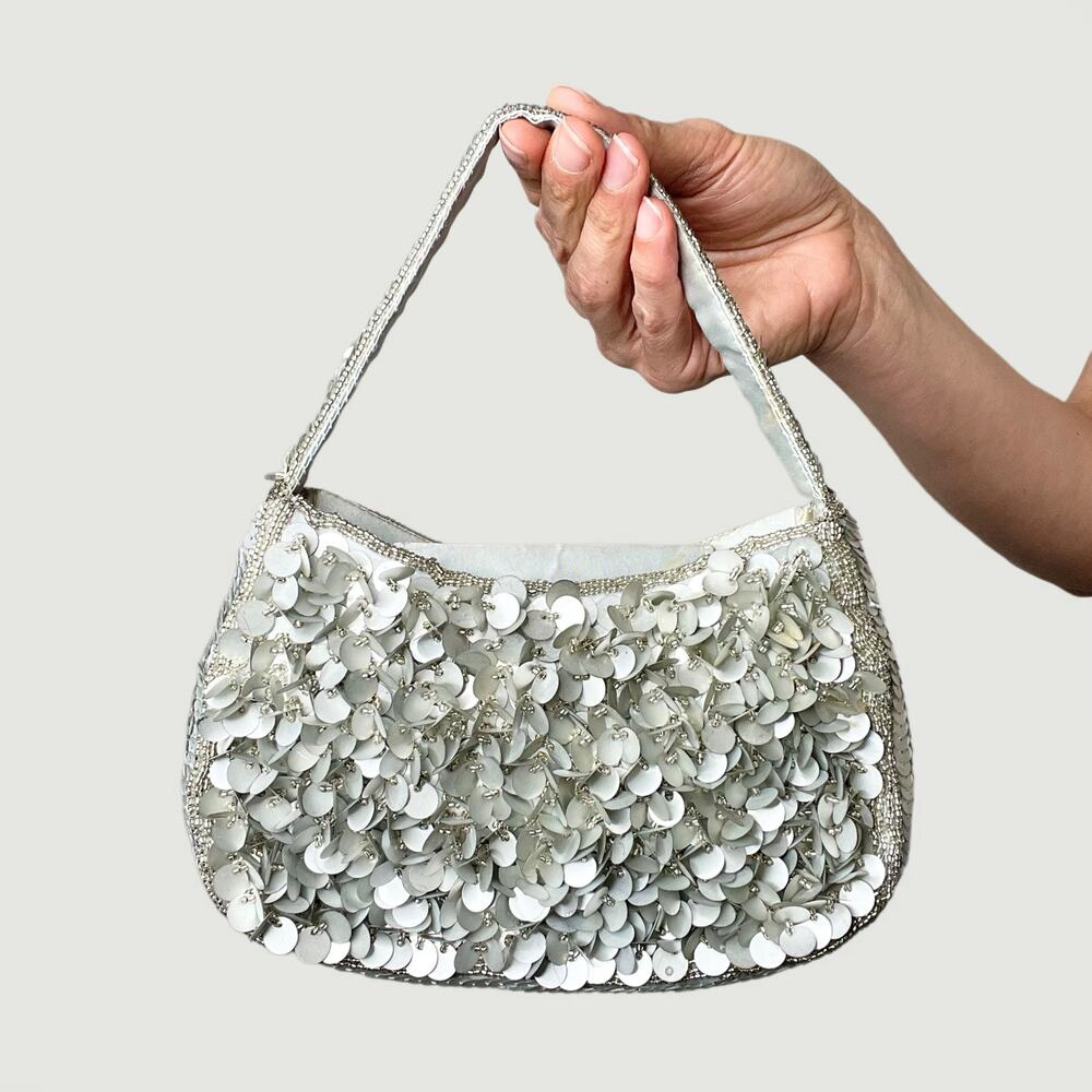 Cache silver beaded‎ sequin mini evening bag convertible crossbody Y2K vintage